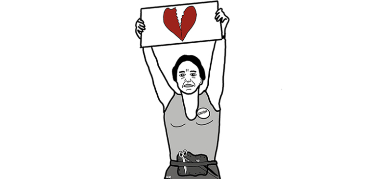 A drawing in the style of Norma Rae holding up a “union” sign but the sign has a broken heart on it.
